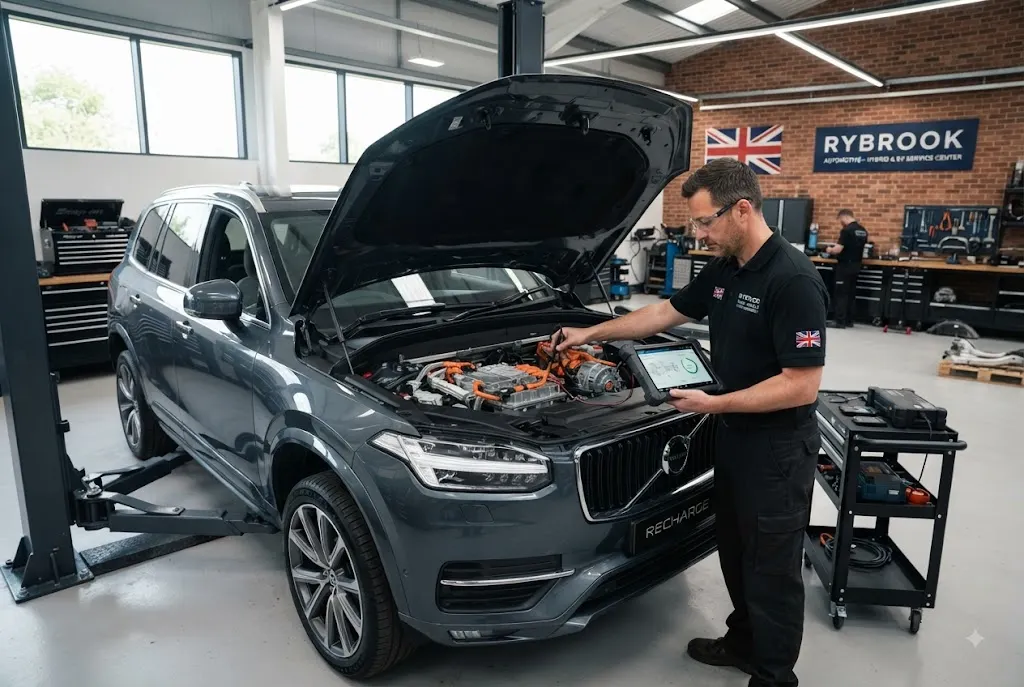 Hybrid servicing and battery technology in a UK automotive workshop