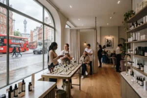 London beauty salon with skincare products and modern beauty treatments