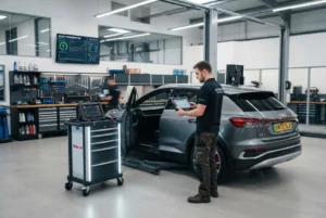 Auto service garage using smart garage technology and digital diagnostics
