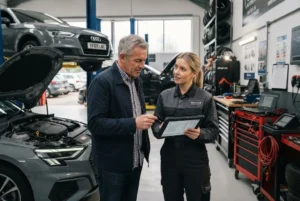 Car service cost consultation with a professional automotive technician
