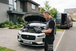 Mobile auto service with a professional mobile mechanic servicing a car at home