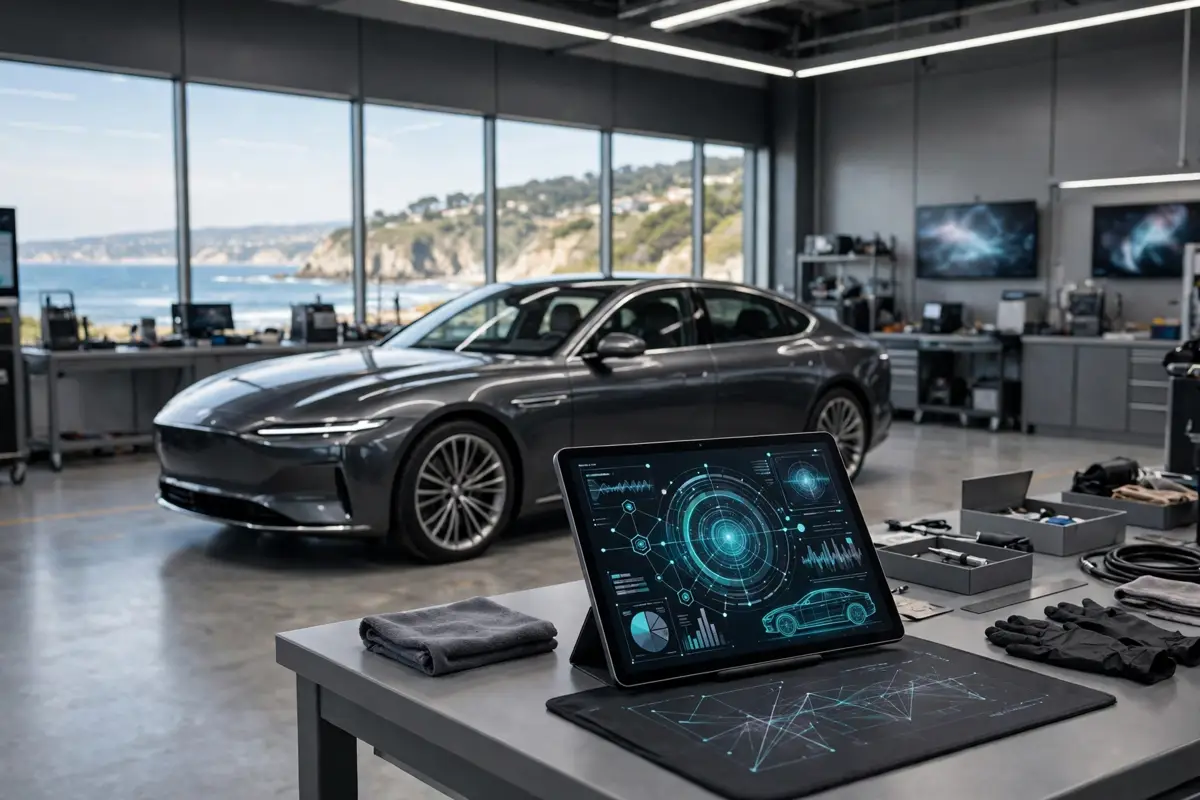 BMW service technician using digital diagnostics on a connected BMW in a modern UK workshop